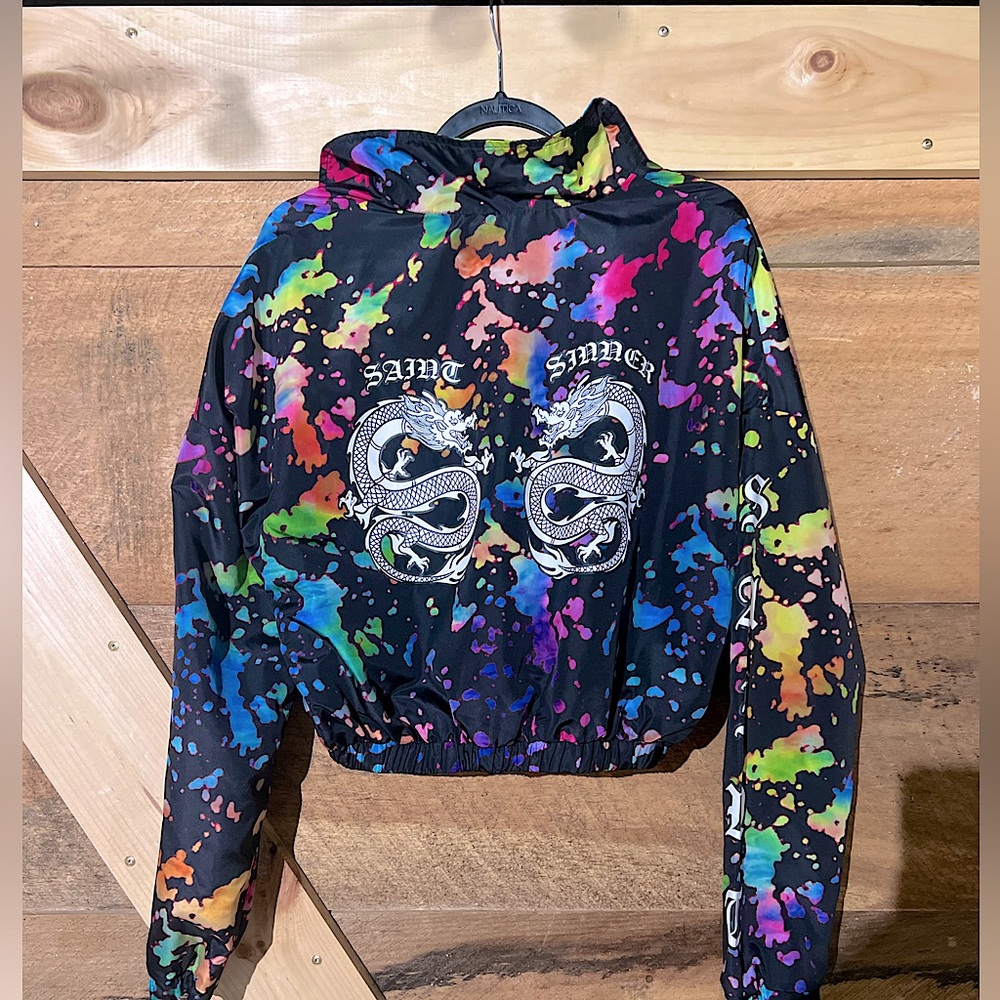 Sinner Splatter Paint Dragon Multi color windbreaker crop top Rue21 Large - Picture 5 of 7